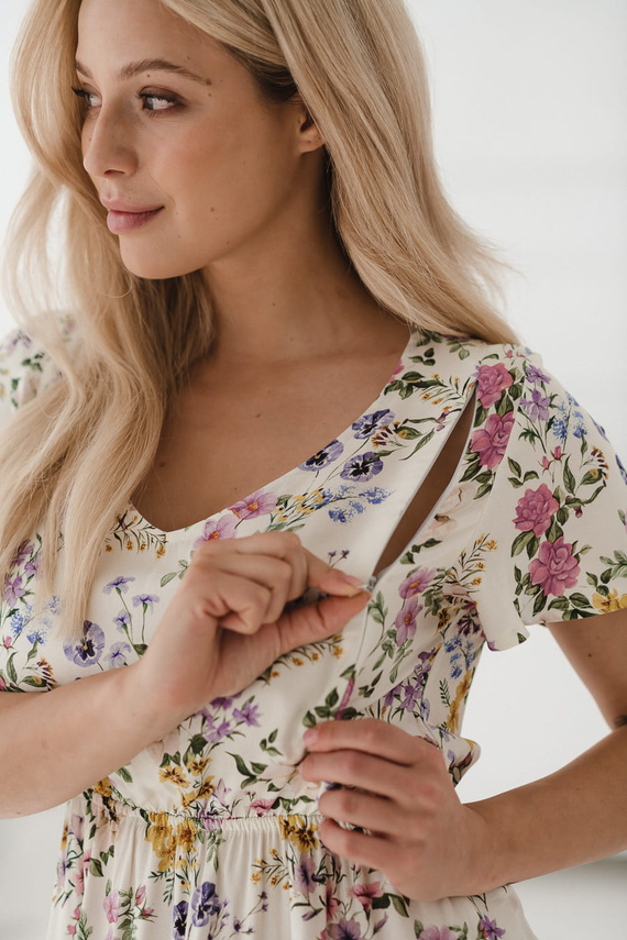 Lovely Dress sukienka ciążowa i do karmienia krótki rękaw Milk&Love kremowy w kwiaty