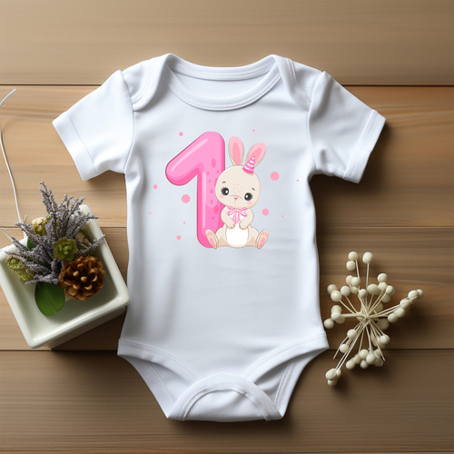 "ROCZEK dla dziewczynki, króliczek jedynka" Body krótki rękaw Moocha biały