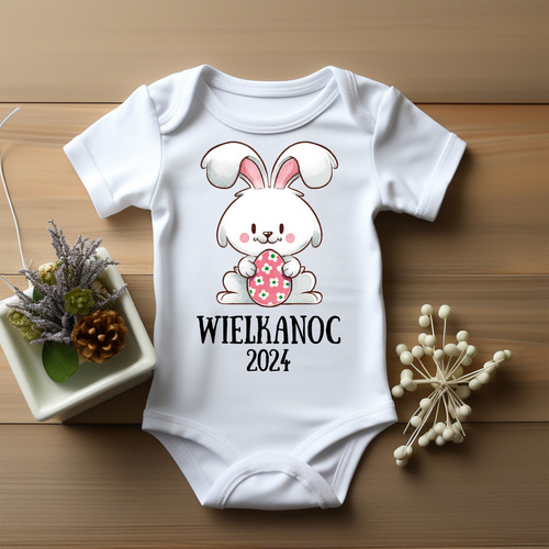 "Wielkanoc z króliczkiem dla dziewczynki" Body krótki rękaw Moocha biały