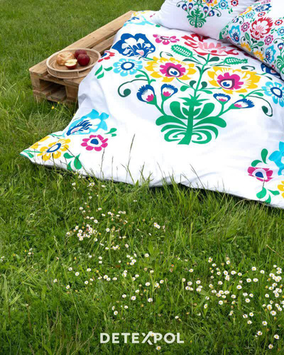 3612 A Pościel bawełniana Łowicka wycinanka kwiaty kurpiowska Detexpol biały/szary