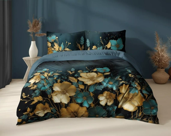 5118 A Pościel bawełniana Holland Detexpol ciemna w kwiaty złoto-turkusowe– 100% bawełna, dwustronna, polska produkcja