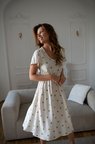 Lovely Dress Midi Milk & Love Sukienka Ciążowa i Do Karmienia z Lnem Pistacjowe Grochy