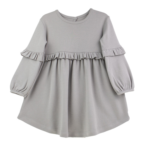 141971 Sukienka długi rękaw Nicol – szara, bawełniana, z falbankami