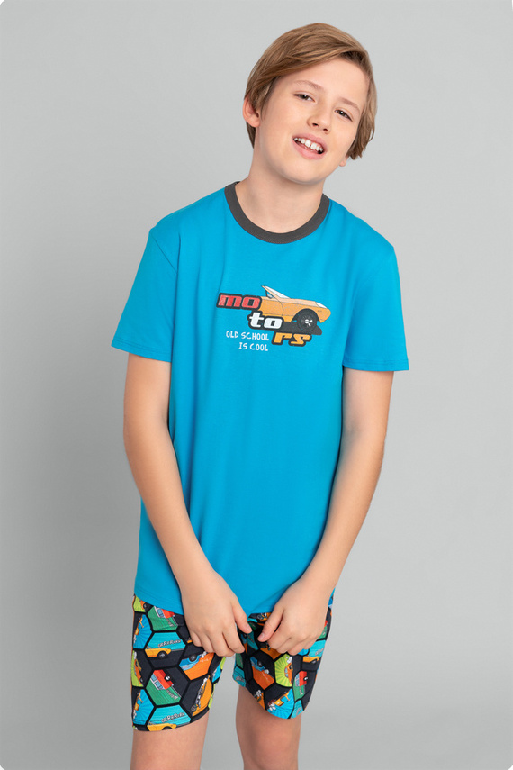 Komiks Piżama chłopięca krótki rękaw, spodnie Italian Fashion - turkusowy/druk