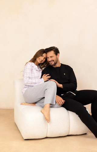 727 Piżama damska Regina szary – bawełna 100%, krata, koszula z guzikami