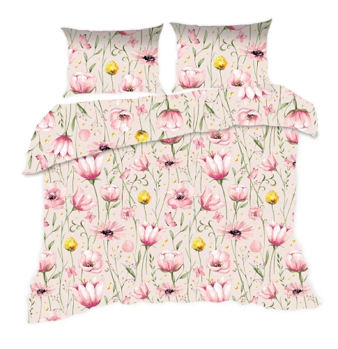 1744N Pościel bawełniana Classic E24 Karo kwiaty beżowa pudrowa – 100% bawełna, trwała, kolorowa, komplet 2-częściowy