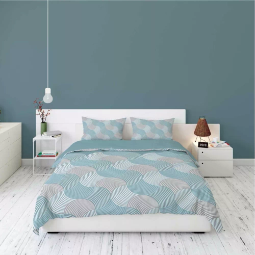 5631 A Pościel flanelowa Pastel Flowers Detexpol turkusowo-szare fale geometryczne– ciepła, miękka i elegancka