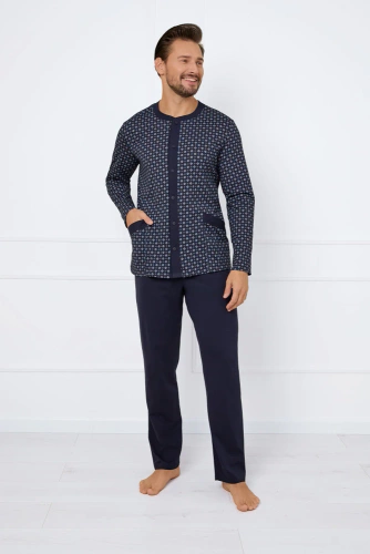 Rajmund Piżama Męska długi rękaw, długie spodnie Italian Fashion - druk/granatowy