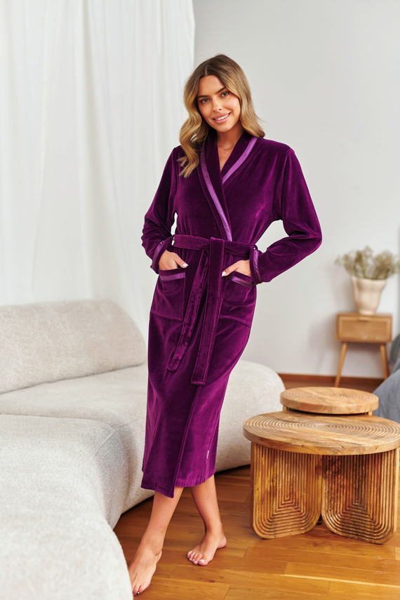 Doctor Nap 1078 | Szlafrok damski welurowy bordowy z połyskiem – elegancki i miękki - burgundy