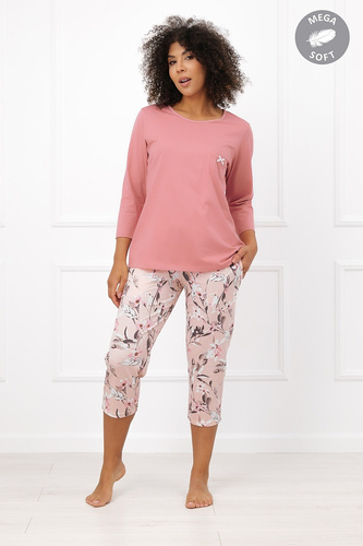 Italian Fashion Kafelia Piżama damska Mega Soft 3/4 kwiaty kieszonka