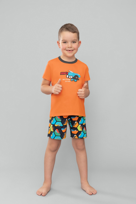 Komiks Piżama chłopięca krótki rękaw, spodnie Italian Fashion - pomarańczowy/druk