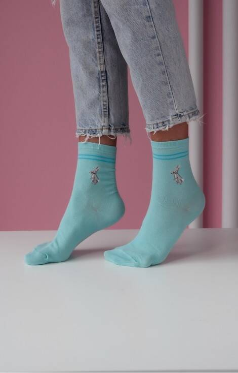 0200-088 Króliczki z paskami Skarpety damskie prążek Milena - turkus