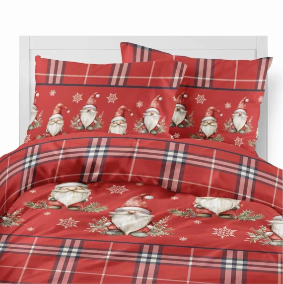 5622 A Magia Świąt Pościel flanelowa świąteczna Detexpol czerwona w kratę ze skrzatami i śnieżynkami – bawełna 100%, 160 g/m², zamek, OEKO-TEX®