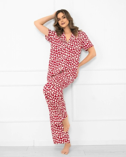 Ksenia Italian Fashion – bawełniana piżama damska w serduszka, koszula na guziki, długie spodnie z kieszeniami