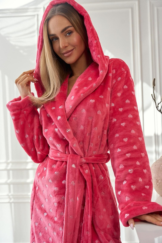 Szlafrok damski 2551 Amira L&L malinowy – długi z kapturem | Elegancja i komfort