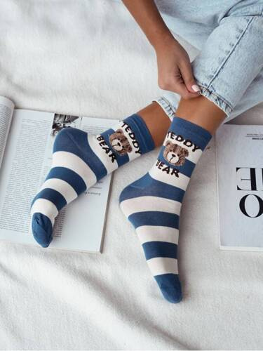 0200-146 Teddy Bear/Paski Skarpety damskie Milena - jeans/ecru