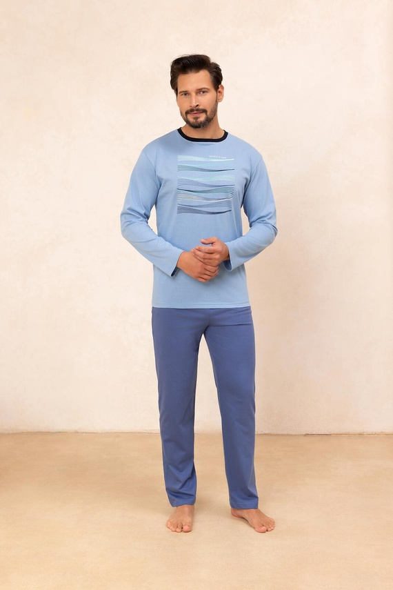 Regina 492 niebieska – męska piżama bawełniana z długim rękawem, klasyczny fason