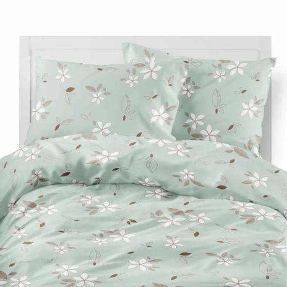 5632 B Pościel flanelowa Pastel Flowers Detexpol miętowa w białe kwiaty i liście- ciepła, miękka i elegancka