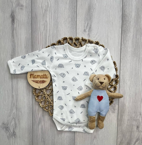 BD16426 Mamatti Body Niemowlęce Miś Długi Rękaw Bawełniane Białe