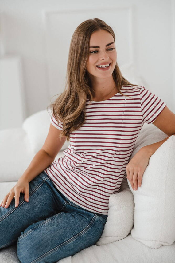 MamaFlow Bluzka do karmienia z krótkim rękawem Milk&Love- bordowe paski