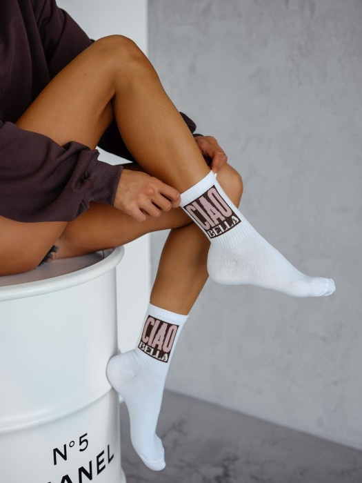 0200-174 Skarpetki damskie Milena – białe z napisem „Ciao Bella” - 2