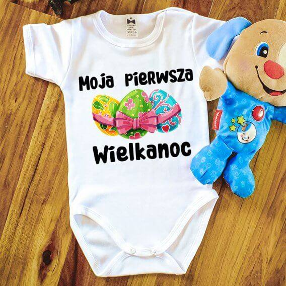"Moja pierwsza Wielkanoc z jajeczkami" Body krótki rękaw Moocha biały