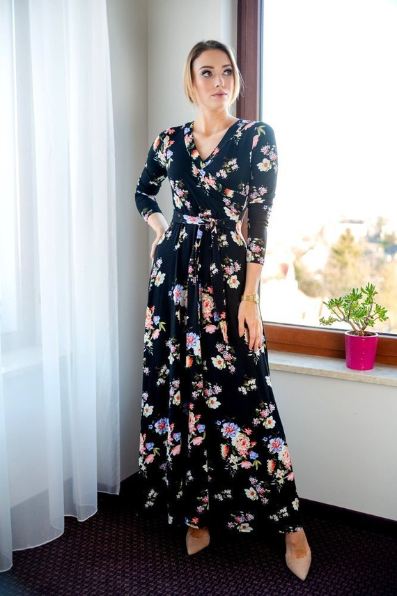 109 Wizytowa Sukienka z długim rękawem MIRACLE- granat w kwiaty