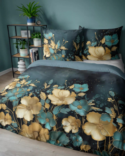 5118 A Pościel bawełniana Holland Detexpol ciemna w kwiaty złoto-turkusowe– 100% bawełna, dwustronna, polska produkcja