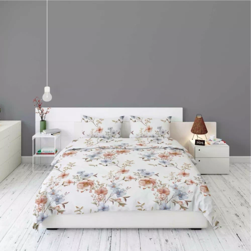 5635 A Pościel flanelowa Pastel Flowers Detexpol biała w kwiaty morelowe i niebieskie– ciepła, miękka i elegancka