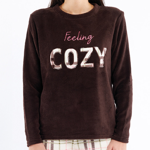 Piżama Liliana Sorbetto brązowa – ciepła polarowa w kratę z haftem 