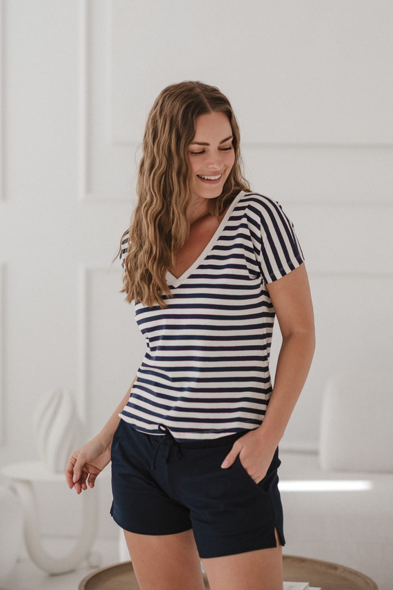 Two Ways Dwustronna bluzka ciążowa i do karmienia | Krótki rękaw, komfortowa Milk&Love granatowo-białe paski