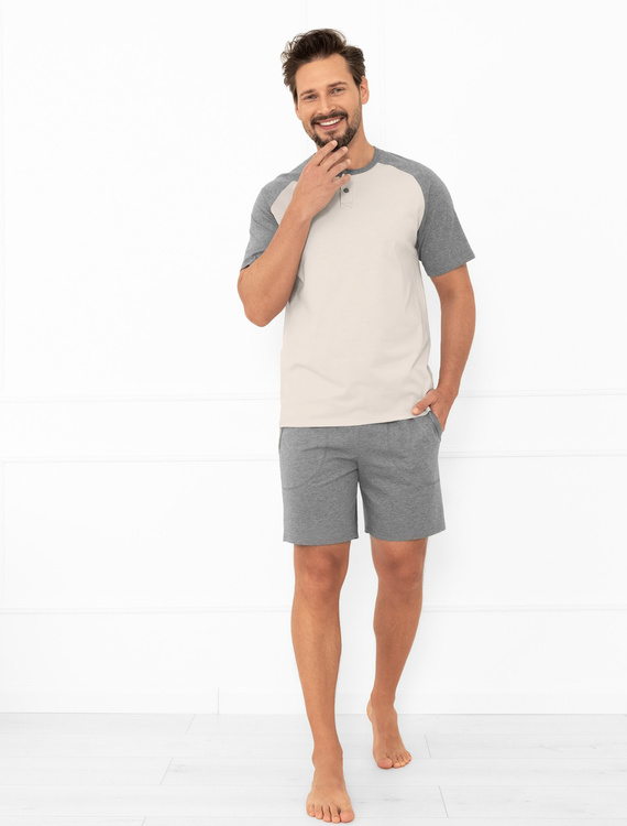 Aleksander Piżama męska Italian Fashion beżowa  – krótki rękaw i krótkie spodenki, 100% bawełna 