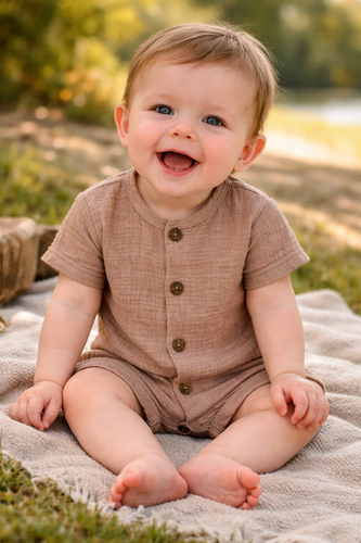 Rampers niemowlęcy Just Muslin 02235RL Makoma latte– muślin 100% bawełna, krótki rękaw