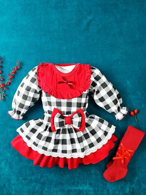 182KK Santa Body falbanka z długim rękawem Marija - kratka z bordowym dekoltem