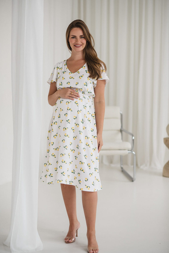 Lovely Dress Midi Sukienka ciążowa i do karmienia – biała w cytryny, krótki rękaw Milk&Love 