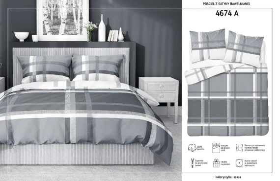 4674 A Home Satin Pościel satynowa krata Detexpol szary 