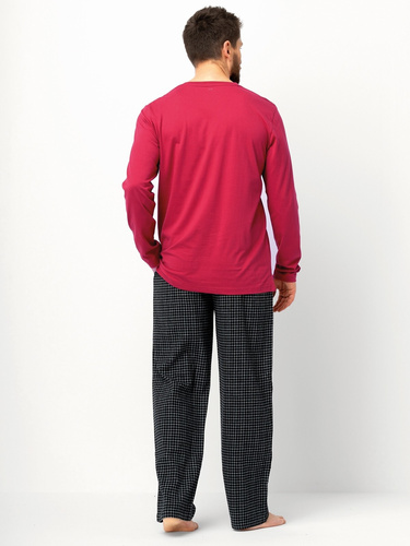Piżama męska MNS 471 Key bordowa – długi rękaw, spodnie z bawełny flanelowej