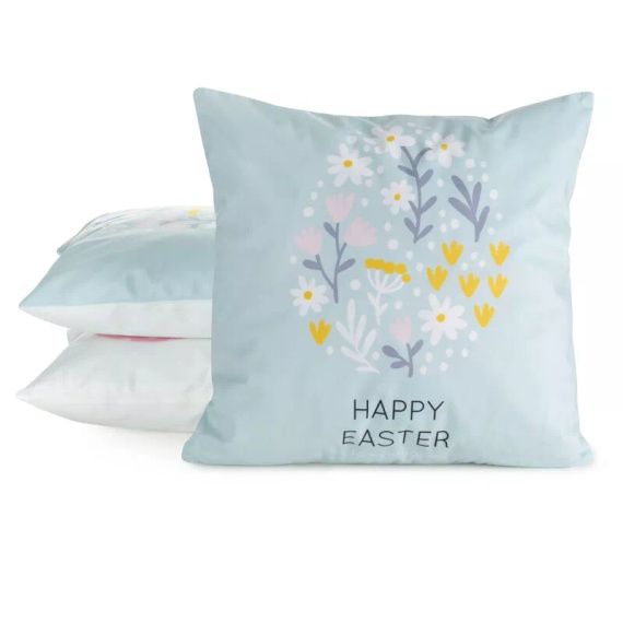 Eurofirany Wiosna 11 – poszewka wielkanocna dekoracyjna niebieska żółta Happy Easter welurowa
