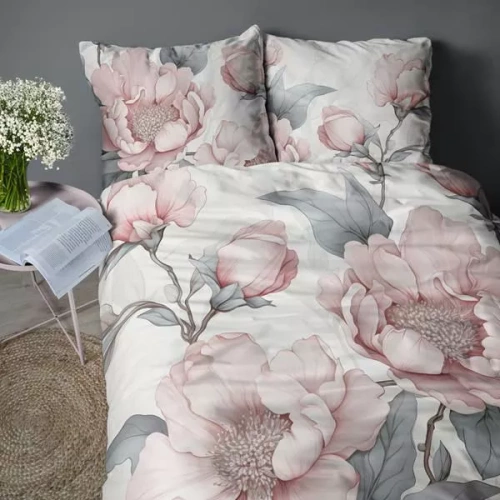 5428 A Pościel 3D z mikrofibry z różowymi piwoniami i szarymi liśćmi  – Detexpol