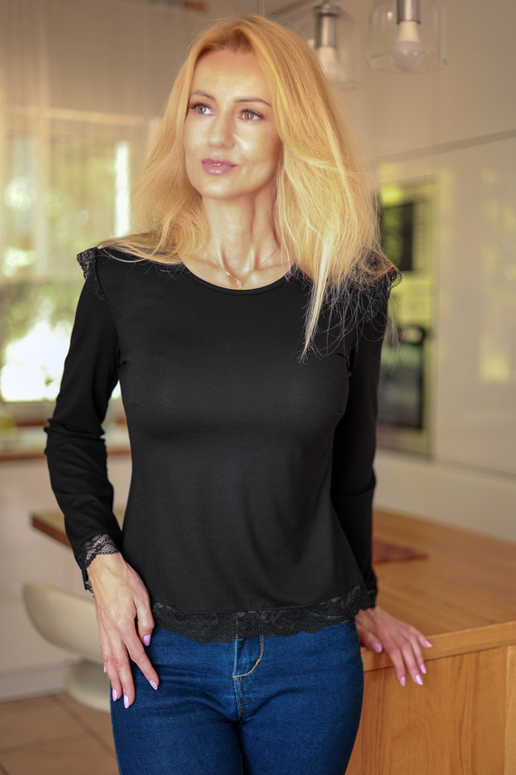 Mirale Ivy Bluzka Damska Wiskozowa z Koronką Elegancka Długi Rękaw- czarna