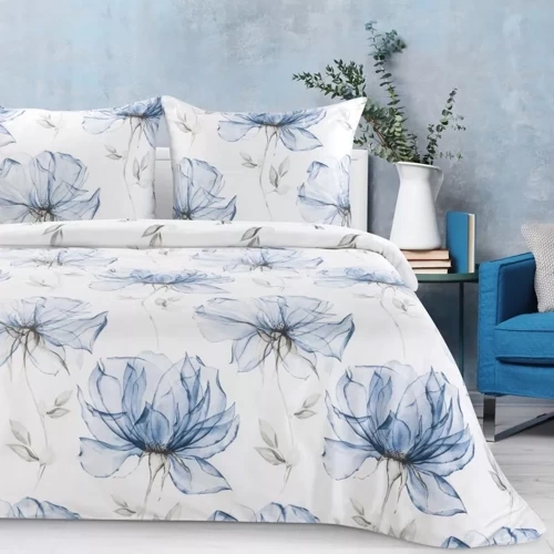 Spring 34 Kwiaty pościel satynowa Eurofirany biały/niebieski