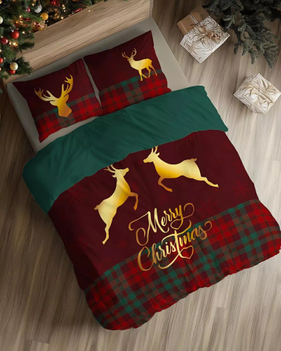 5827 A Pościel świąteczna bawełniana Christmas Dreams Detexpol w kratę z reniferami Merry Christmas– komplet bożonarodzeniowy 100% bawełna