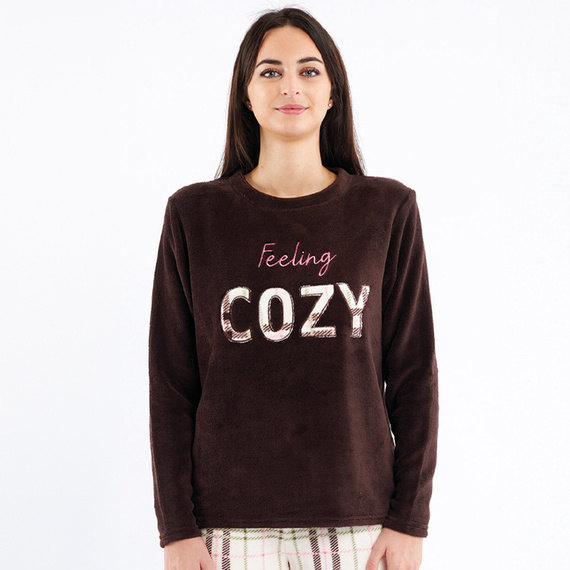 Piżama Liliana Sorbetto brązowa – ciepła polarowa w kratę z haftem 