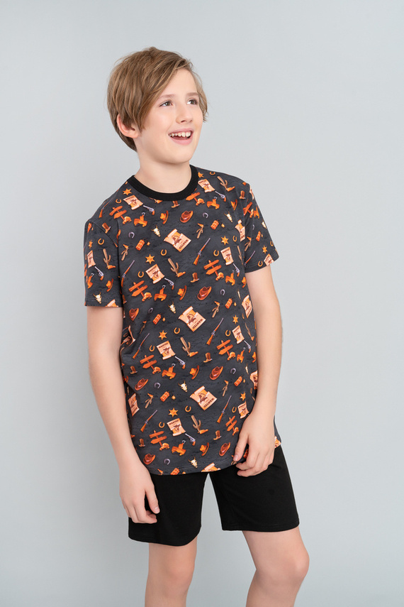 Western Piżama chłopięca krótki rękaw, spodnie Italian Fashion- grafit/czarny