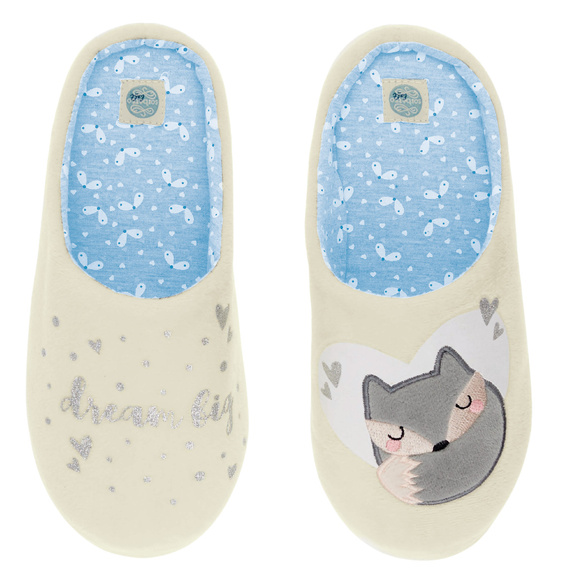 Fixy Sorbetto ecru – ciepłe kapcie damskie z antypoślizgową podeszwą i nadrukiem