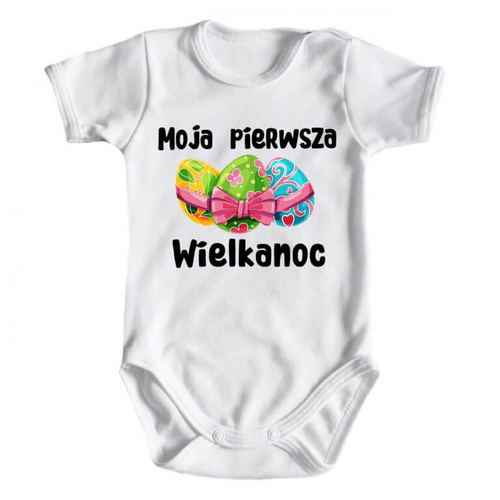 "Moja pierwsza Wielkanoc z jajeczkami" Body krótki rękaw Moocha biały