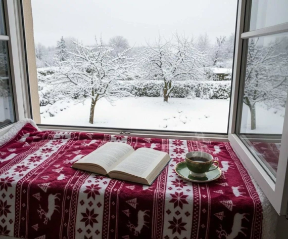 Koc świąteczny SACO bordowy – miękki i ciepły z reniferami i choinkami w ozdobnym worku