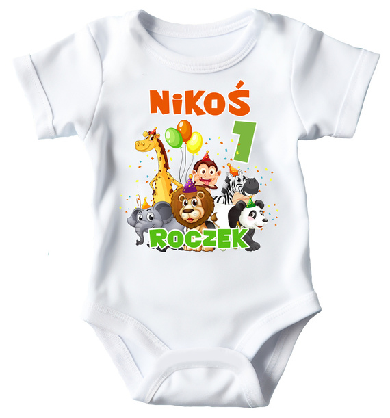 SKU A047 "Roczek urodziny z imieniem Safari" Body krótki rękaw na roczek Moocha biały