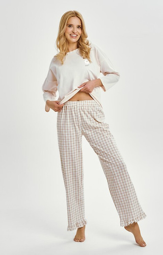 3438 Vera Taro piżama damska bawełniana beżowy  – długi rękaw, spodnie w kratkę z falbanką