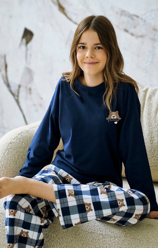 3503 Astrid Piżama dziewczęca Taro granatowa – bawełna, nadruk, spodnie w kratkę